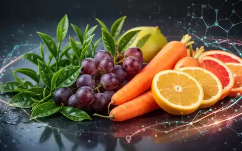 Nahaufnahme von frischen Hyperfoods wie Teeblättern, Weintrauben, Karotten und Orangen, umgeben von subtilen, leuchtenden digitalen Mustern. - Foto: über boerse-global.de