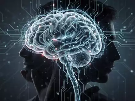 Ein stilisiertes Gehirn mit digitalen Schaltkreisen und neuronalen Pfaden, das vor der Silhouette einer nachdenklichen Person leuchtet. - Foto: über boerse-global.de