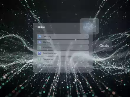 Abstrakte digitale Landschaft mit leuchtenden Datenpunkten und einem verblassenden 'Goals'-Symbol über einer Aufgabenliste. - Foto: über boerse-global.de