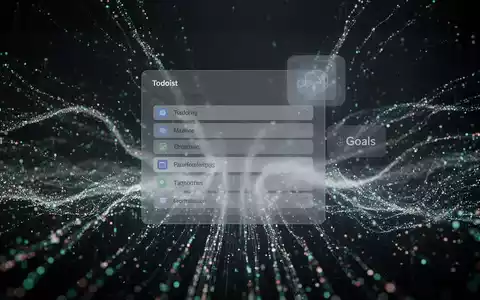 Abstrakte digitale Landschaft mit leuchtenden Datenpunkten und einem verblassenden 'Goals'-Symbol über einer Aufgabenliste. - Foto: über boerse-global.de