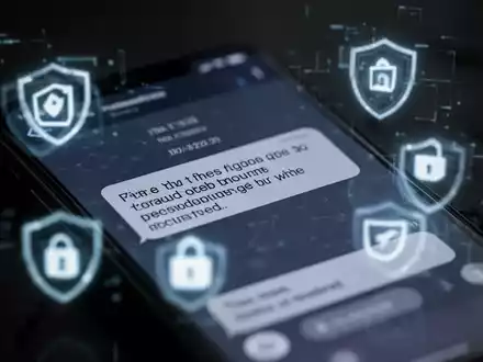 Nahaufnahme eines Smartphones mit einer betrügerischen Textnachricht und digitalen Sicherheitssymbolen, dunkler Hintergrund. - Foto: über boerse-global.de