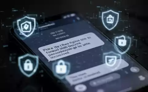 Nahaufnahme eines Smartphones mit einer betrügerischen Textnachricht und digitalen Sicherheitssymbolen, dunkler Hintergrund. - Foto: über boerse-global.de