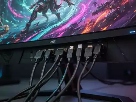 Nahaufnahme der Rückseite eines Gaming-Monitors mit eingesteckten Kabeln wie DisplayPort, HDMI und USB-C. - Foto: über boerse-global.de
