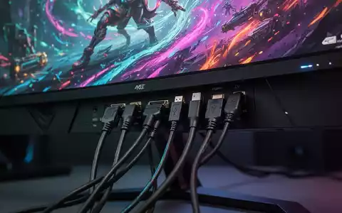 Nahaufnahme der Rückseite eines Gaming-Monitors mit eingesteckten Kabeln wie DisplayPort, HDMI und USB-C. - Foto: über boerse-global.de