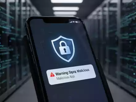 Nahaufnahme eines Smartphone-Bildschirms mit einer Warnmeldung vor einer schädlichen App, symbolisiert mobile Banking-Sicherheitsbedrohungen. - Foto: über boerse-global.de
