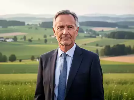 Ein erfahrener Mann in Anzug und Krawatte steht vor einer ländlichen bayerischen Landschaft, die Professionalität und Führung ausstrahlt. - Foto: über boerse-global.de