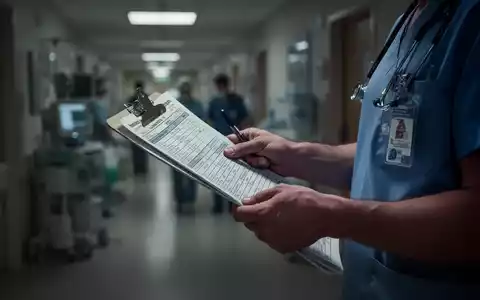 Eine gestresst aussehende Krankenschwester hält eine Patientenakte in einem schwach beleuchteten Krankenhausflur. - Foto: über boerse-global.de
