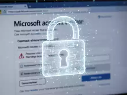 Leuchtendes, abstraktes digitales Schloss-Symbol über unscharfem Bildschirm mit Microsoft-Konto-Fehlermeldung. - Foto: über boerse-global.de