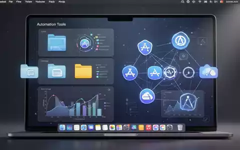 macOS-Bildschirm mit Dateiverwaltung, Datenextraktion und vernetzten App-Symbolen, die Automatisierung darstellen. - Foto: über boerse-global.de
