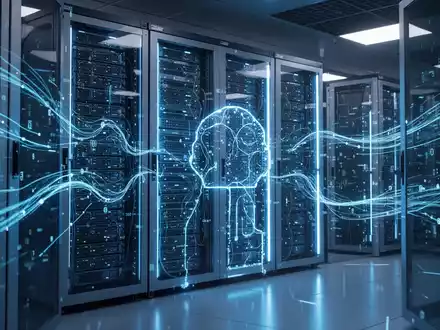 Server-Racks mit blauen Leuchten in einem Rechenzentrum, Symbol für Echtzeit-KI-Datenintegration und moderne Technologie. - Foto: über boerse-global.de