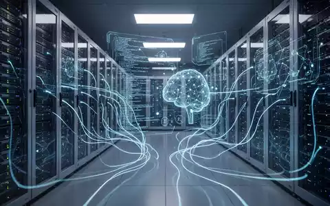 Futuristischer Serverraum mit leuchtend blauen Linien und holografischen Schnittstellen, die KI bei der Verwaltung von Machine-Learning-Infrastruktur zeigen. - Foto: über boerse-global.de