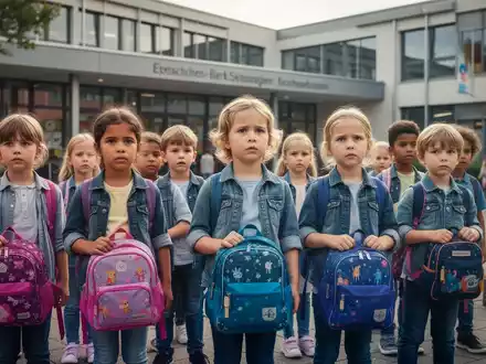 Kinder stehen vor einer modernen deutschen Schule. Einige halten kleine Rucksäcke. Die Szene vermittelt Vorfreude und leichte Unsicherheit. - Foto: über boerse-global.de