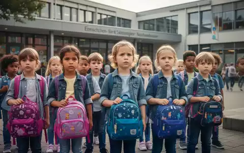 Kinder stehen vor einer modernen deutschen Schule. Einige halten kleine Rucksäcke. Die Szene vermittelt Vorfreude und leichte Unsicherheit. - Foto: über boerse-global.de