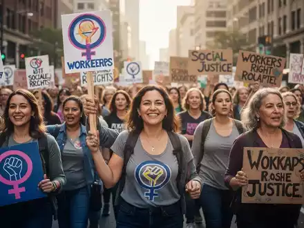 Eine Gruppe von Frauen demonstriert für Geschlechtergleichheit und Arbeitnehmerrechte, Plakate haltend. - Foto: über boerse-global.de