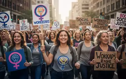 Eine Gruppe von Frauen demonstriert für Geschlechtergleichheit und Arbeitnehmerrechte, Plakate haltend. - Foto: über boerse-global.de