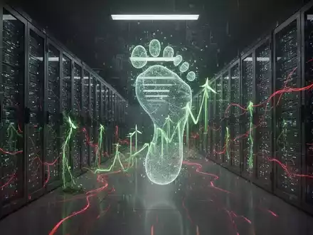 Ein riesiges Rechenzentrum mit leuchtenden Server-Racks, das einen steigenden CO2-Fußabdruck und Energieverbrauch symbolisiert. - Foto: über boerse-global.de