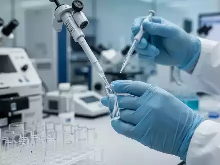 Nahaufnahme von Händen in sterilen Handschuhen, die in einem Labor eine Flüssigkeit präzise in eine Phiole pipettieren. - Foto: über boerse-global.de