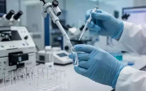 Nahaufnahme von Händen in sterilen Handschuhen, die in einem Labor eine Flüssigkeit präzise in eine Phiole pipettieren. - Foto: über boerse-global.de