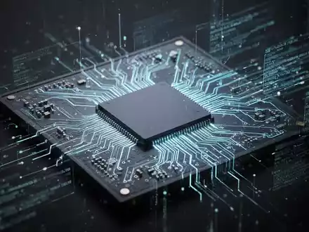 Ein futuristischer Mikrochip mit leuchtenden Schaltkreisen und digitalen Datenströmen, der technologische Entwicklung darstellt. - Foto: über boerse-global.de