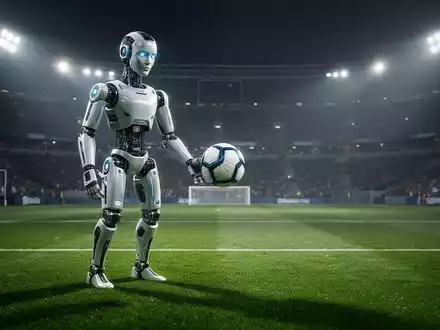 Humanoides Robot auf einem Fußballfeld, hält einen Spielball, Stadionlichter im Hintergrund. - Foto: über boerse-global.de