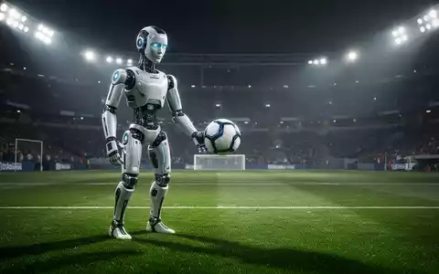 Humanoides Robot auf einem Fußballfeld, hält einen Spielball, Stadionlichter im Hintergrund. - Foto: über boerse-global.de