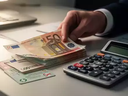Eine Hand legt Euro-Banknoten neben eine deutsche Krankenversicherungskarte und einen Taschenrechner auf einen Schreibtisch. - Foto: über boerse-global.de