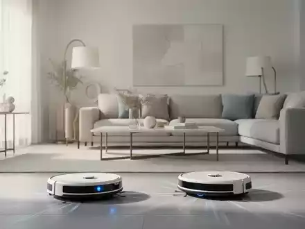 Ein aufgeräumtes, minimalistisches Wohnzimmer mit einem modernen Haushaltsroboter, der bei der Organisation hilft. Die Szene strahlt Ruhe und Effizienz aus. - Foto: über boerse-global.de