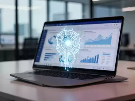 Leuchtendes KI-Agent-Symbol auf Laptop-Bildschirm mit Finanzdiagrammen in PowerPoint, symbolisiert Datenintegration. - Foto: über boerse-global.de