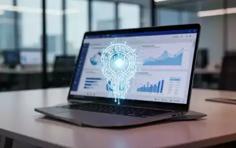 Leuchtendes KI-Agent-Symbol auf Laptop-Bildschirm mit Finanzdiagrammen in PowerPoint, symbolisiert Datenintegration. - Foto: über boerse-global.de
