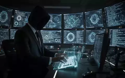 Verschwommene Gestalt im Anzug tippt auf holografischer Tastatur in dunklem High-Tech-Kontrollraum mit abstrakten Daten auf Bildschirmen. - Foto: über boerse-global.de