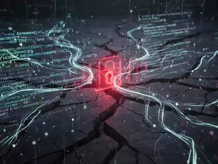 Abstrakte digitale Landschaft mit leuchtenden Codezeilen und einem dezenten roten Alarmsymbol, das E-Mail-Authentifizierungsumgehung und Cyber-Bedrohungen symbolisiert. - Foto: über boerse-global.de