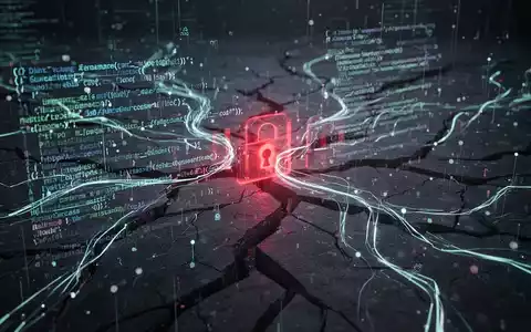 Abstrakte digitale Landschaft mit leuchtenden Codezeilen und einem dezenten roten Alarmsymbol, das E-Mail-Authentifizierungsumgehung und Cyber-Bedrohungen symbolisiert. - Foto: über boerse-global.de