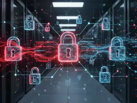 Abstrakte digitale Illustration mit verbundenen Vorhängeschlössern und schädlichen Code-Schnipseln, die eine Cybersicherheitsbedrohung symbolisiert. - Foto: über boerse-global.de