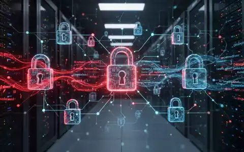 Abstrakte digitale Illustration mit verbundenen Vorhängeschlössern und schädlichen Code-Schnipseln, die eine Cybersicherheitsbedrohung symbolisiert. - Foto: über boerse-global.de