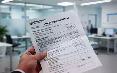 Eine Hand hält eine deutsche Arbeitsunfähigkeitsbescheinigung, im Hintergrund verschwommen ein Büro oder eine Arztpraxis. - Foto: über boerse-global.de