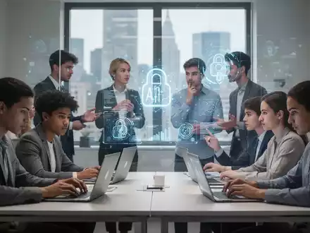 Junge Fachkräfte in einem modernen Büro, einige arbeiten an Laptops, andere diskutieren. Eine Person betrachtet eine holografische KI-Anzeige. - Foto: über boerse-global.de