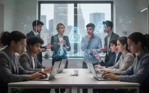 Junge Fachkräfte in einem modernen Büro, einige arbeiten an Laptops, andere diskutieren. Eine Person betrachtet eine holografische KI-Anzeige. - Foto: über boerse-global.de