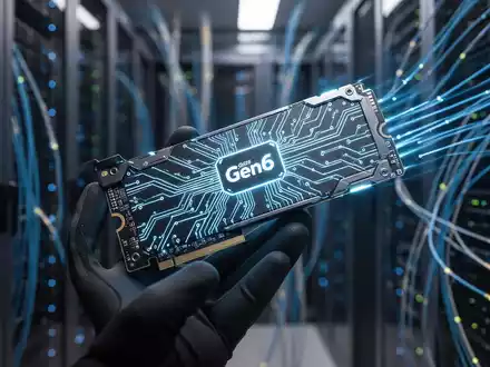 Futuristische PCIe Gen6 Data-Center-SSD mit leuchtend blauen Schaltkreisen vor unscharfen Server-Racks. - Foto: über boerse-global.de