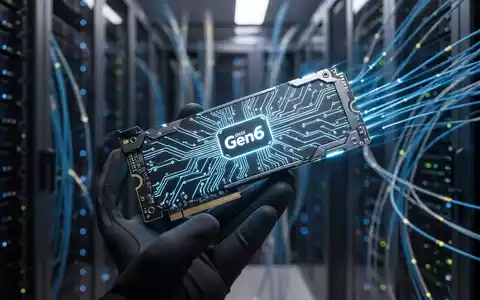 Futuristische PCIe Gen6 Data-Center-SSD mit leuchtend blauen Schaltkreisen vor unscharfen Server-Racks. - Foto: über boerse-global.de