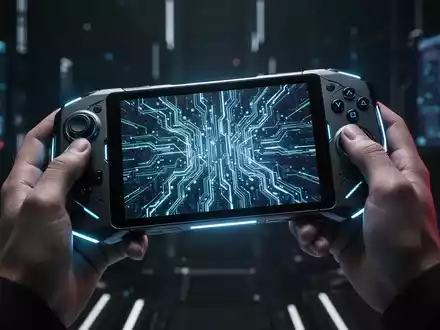 Nahaufnahme eines schlanken, futuristischen Handheld-Gaming-Geräts mit leuchtendem Bildschirm, das von Händen gehalten wird. - Foto: über boerse-global.de