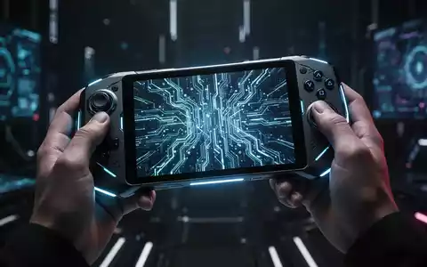 Nahaufnahme eines schlanken, futuristischen Handheld-Gaming-Geräts mit leuchtendem Bildschirm, das von Händen gehalten wird. - Foto: über boerse-global.de