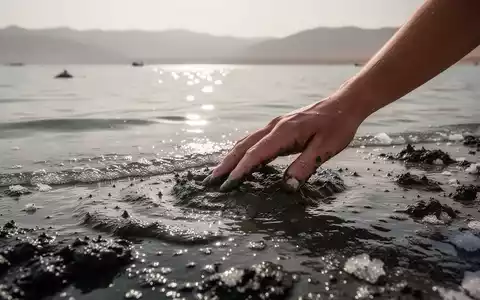Eine Hand berührt den mineralreichen schwarzen Schlamm des Toten Meeres, mit dem Wasser und den Bergen im Hintergrund. - Foto: über boerse-global.de