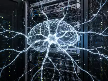 Leuchtendes neuronales Netzwerk über Serverrack, das komplexe KI-Verarbeitung und hohen Energieverbrauch in einem Rechenzentrum zeigt. - Foto: über boerse-global.de