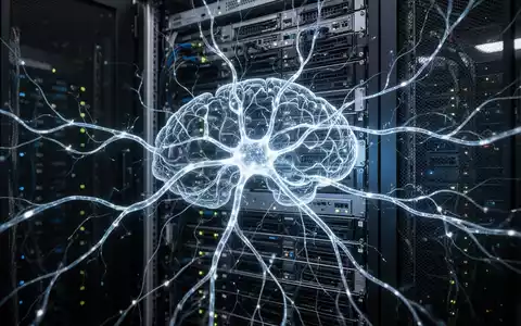 Leuchtendes neuronales Netzwerk über Serverrack, das komplexe KI-Verarbeitung und hohen Energieverbrauch in einem Rechenzentrum zeigt. - Foto: über boerse-global.de