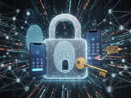 Ein stilisiertes digitales Vorhängeschloss mit Symbolen für Multi-Faktor-Authentifizierung (Fingerabdruck, Smartphone, Schlüssel) vor Datenströmen. - Foto: über boerse-global.de
