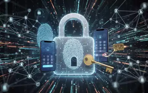 Ein stilisiertes digitales Vorhängeschloss mit Symbolen für Multi-Faktor-Authentifizierung (Fingerabdruck, Smartphone, Schlüssel) vor Datenströmen. - Foto: über boerse-global.de