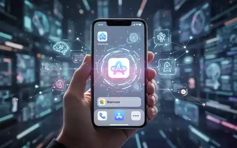 Eine Hand hält ein Smartphone mit futuristischem UI, KI-Elementen und der Shortcuts-App, die neue iPhone-Funktionen symbolisiert. - Foto: über boerse-global.de