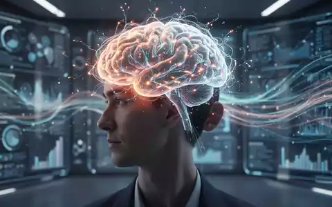 Eine Person mit leuchtenden neuronalen Netzen über dem Kopf, die digitale Informationen verarbeitet und Konzentration symbolisiert. - Foto: über boerse-global.de