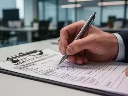 Nahaufnahme einer Hand, die eine Arbeitsschutz-Checkliste auf einem Klemmbrett ausfüllt, im Hintergrund ein Büro. - Foto: über boerse-global.de