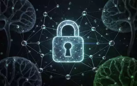 Leuchtendes digitales Vorhängeschloss-Symbol auf komplexem Netzwerk aus Knoten und KI-Neuronenmustern, Symbol für Cybersicherheit. - Foto: über boerse-global.de
